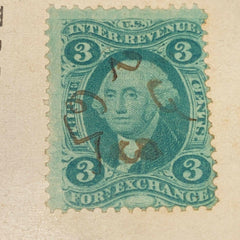 R16 3c First issue Foreign Exchange Washington Green Stamp 1865 Hand Cancel